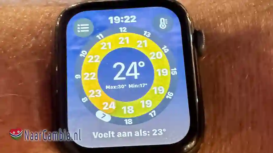 Apple Watch met temperatuur aanduiding.